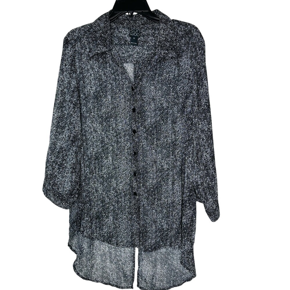 Clara Sun Woo Womens Button-Up Sheer‎ Top Sz XL 3/4 Sleeve Split Tail Hem